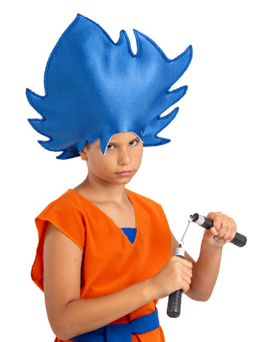 Ensemble déguisement manga couvre-chef bleu avec nunchaku dans un sachet avec crochet